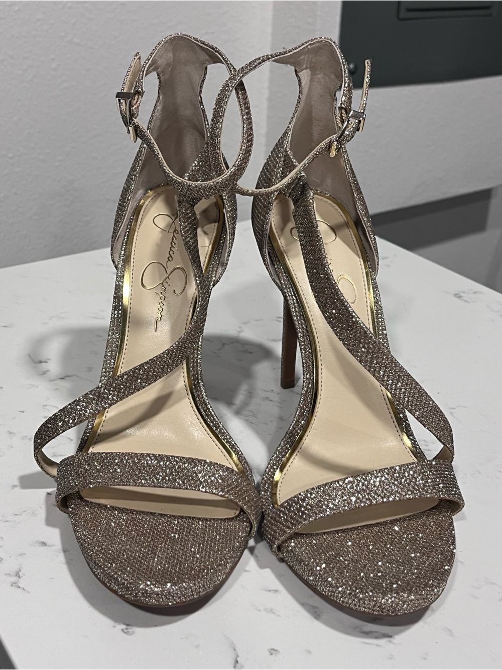 Jessica Simpson Glitter Strappy High Heels in Rose Metallic
